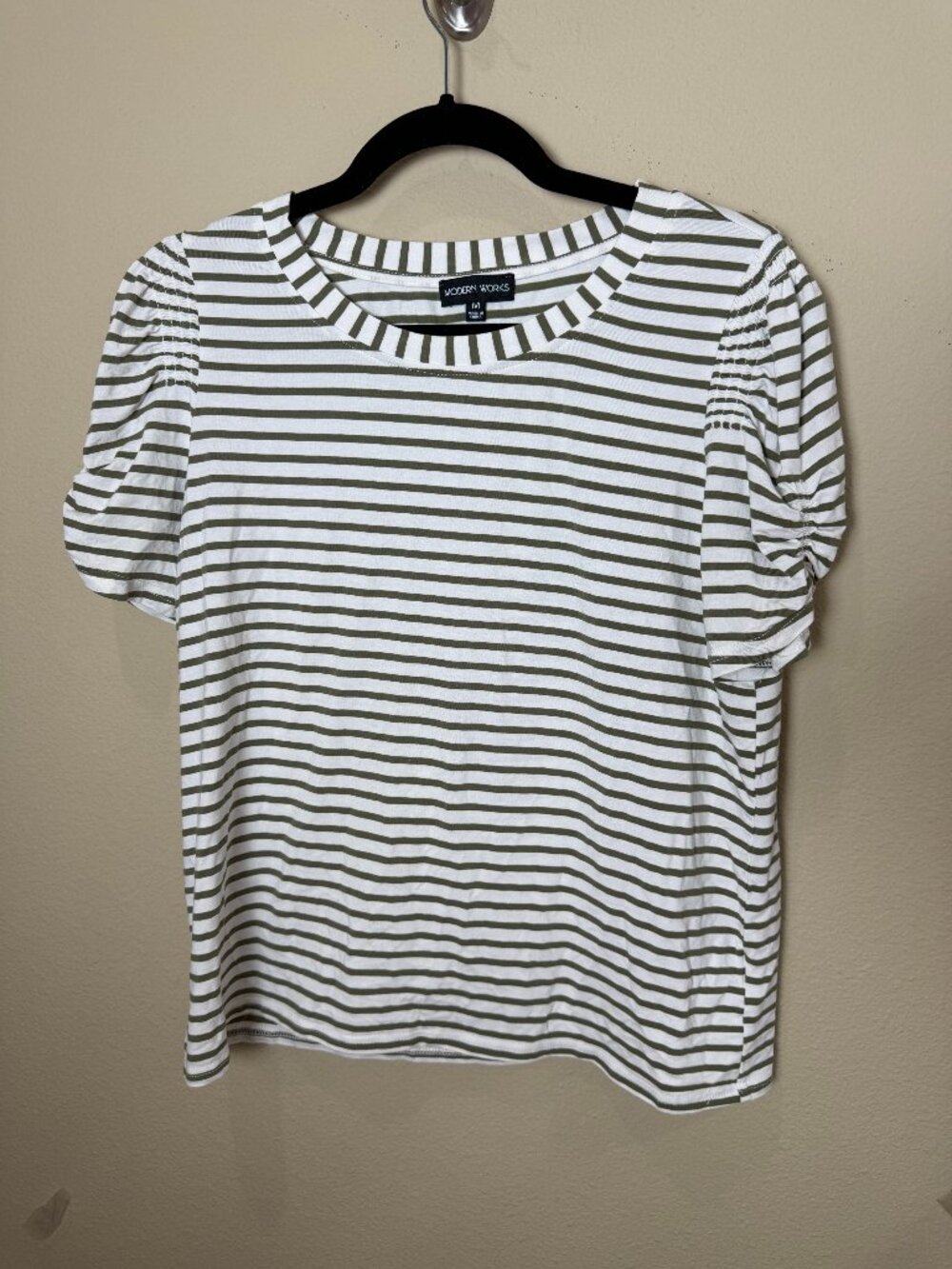 Modern Works Striped Puff Short Sleeve Top Shirt Blouse Size Medium